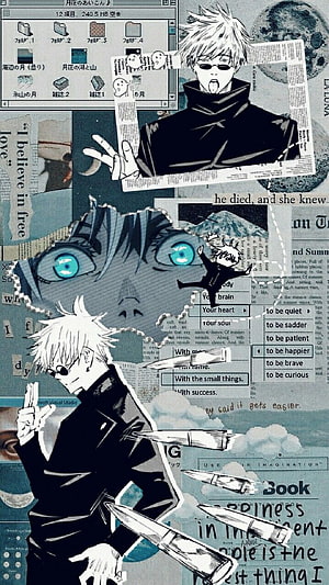 Gojo Satoru Jujutsu Kaisen Collage Wallpaper with Anime Eyes and Manga Text HD phone wallpaper