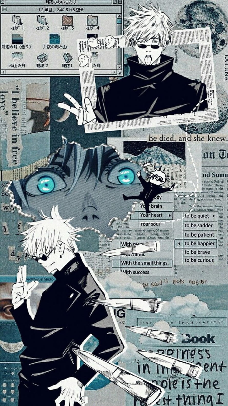 Gojo Satoru Jujutsu Kaisen Collage Wallpaper with Anime Eyes and Manga Text HD phone wallpaper