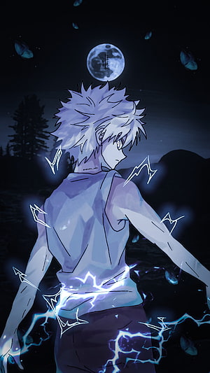 Killua Zoldyck from Hunter x Hunter with electric aura under a full moon HD phone wallpaper