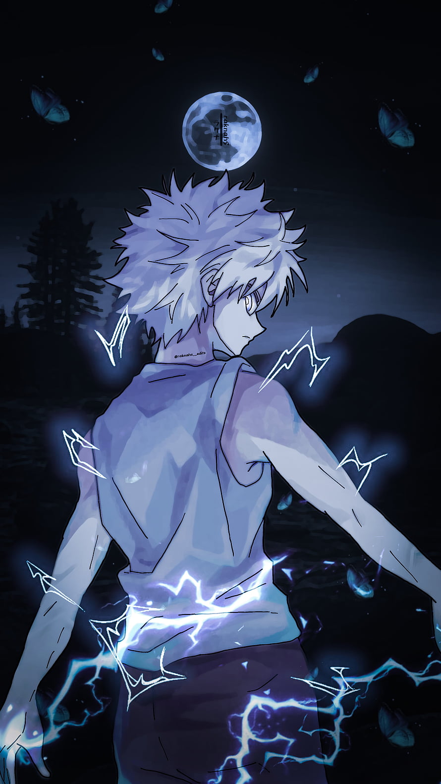 Killua Zoldyck from Hunter x Hunter with electric aura under a full moon HD phone wallpaper