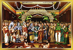 Srinivasa Kalyanam Traditional Indian Wedding Scene with Deities and Ritual Fire HD wallpaper