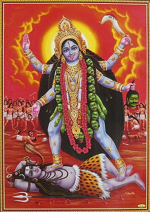 Goddess Kali Standing on Shiva with Garland of Heads in Traditional Indian Art HD phone wallpaper
