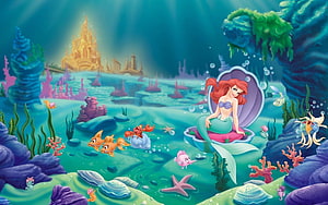 Ariel from The Little Mermaid in a Vibrant Underwater Kingdom with Sea Friends HD wallpaper