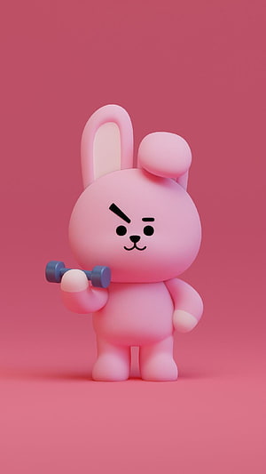 Cooky from BT21 Lifting a Dumbbell in a 3D Rendered Pink Scene HD phone wallpaper