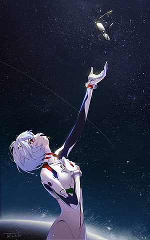 Rei Ayanami from Neon Genesis Evangelion Reaching for Glasses in a Starry Space Scene HD phone wallpaper
