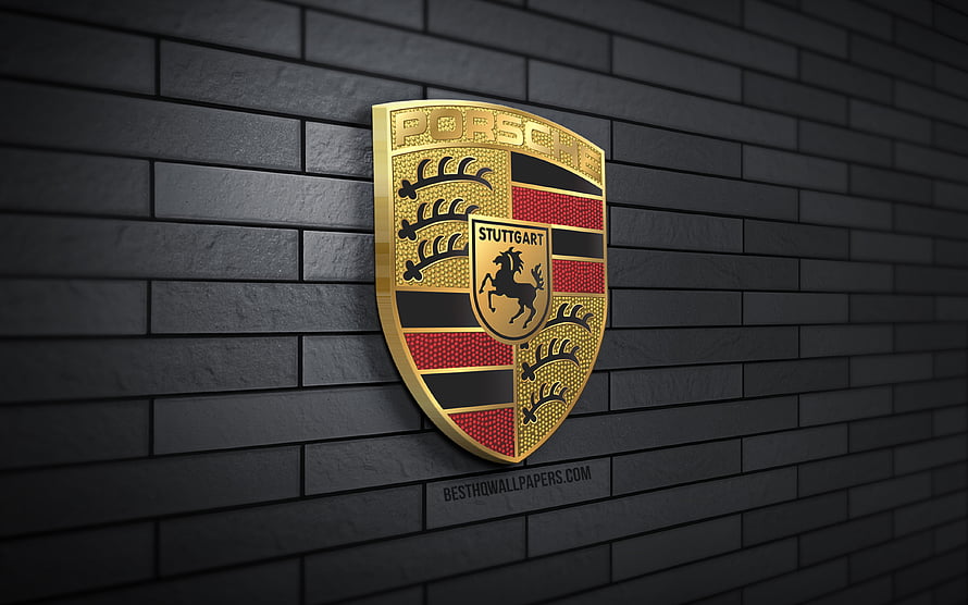 Porsche Stuttgart Crest Emblem on Dark Gray Brick Wall HD wallpaper