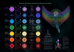Seven Chakra System Infographic with Symbols, Mudras, Seals and Activators HD wallpaper