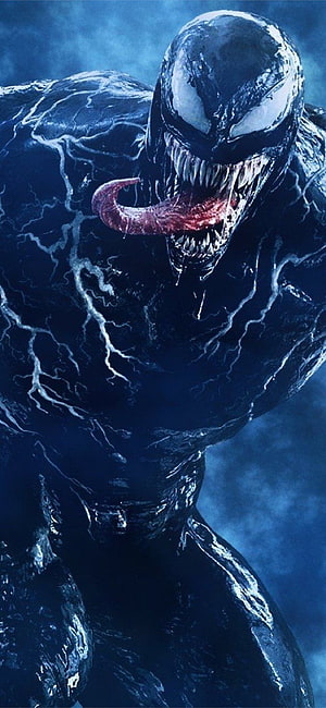 Venom Symbiote Character Portrait with Sharp Teeth and Long Tongue in Dark Blue Tones HD phone wallpaper