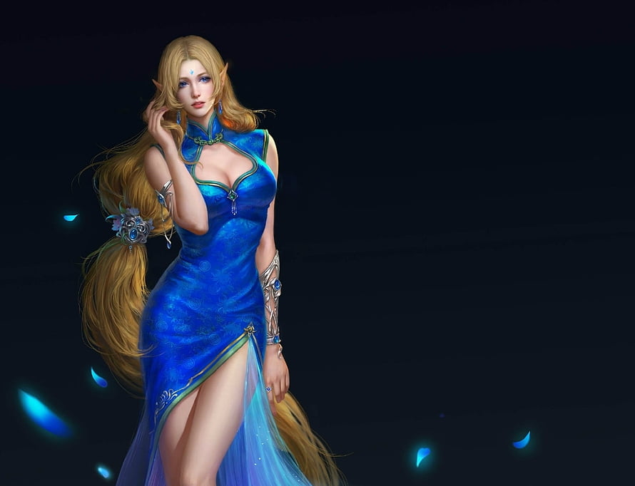 Blonde Elf Woman in Blue Qipao Dress with Glowing Blue Particles on Dark Background HD wallpaper