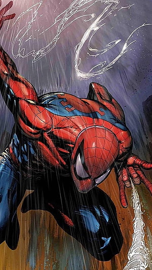 Spider-Man in Classic Red and Blue Suit Swinging Through Rainy Cityscape HD phone wallpaper