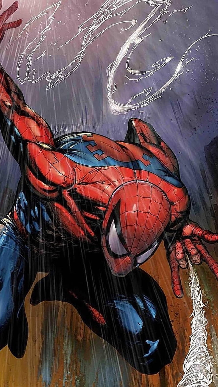 Spider-Man in Classic Red and Blue Suit Swinging Through Rainy Cityscape HD phone wallpaper