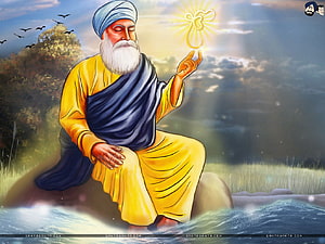 Guru Nanak Ji Meditating by the River with Divine Light and Birds in the Sky HD wallpaper