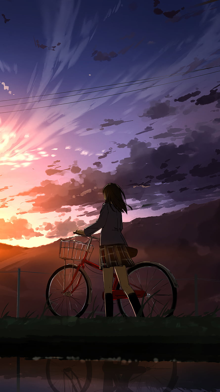 Anime Girl on Bicycle at Sunset with Dramatic Cloudy Sky and Water Reflection HD phone wallpaper