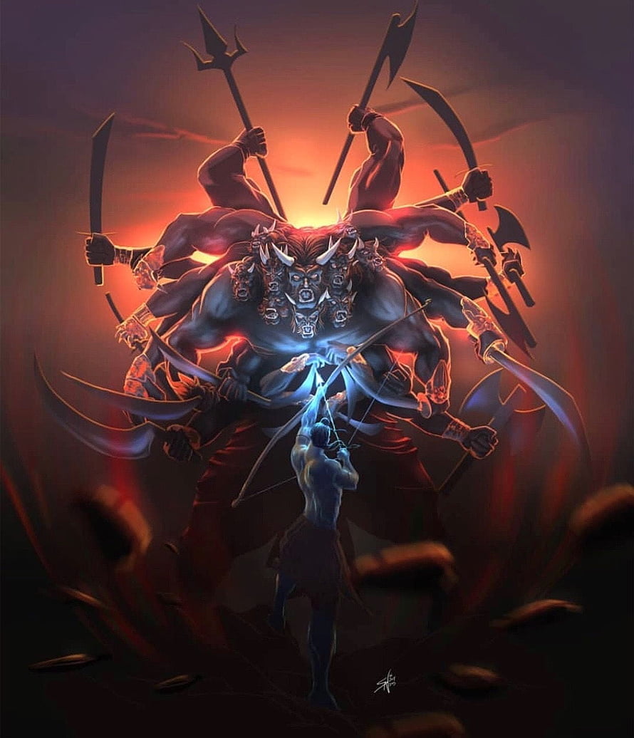 Lord Rama Confronting Multi-Headed Demon in Epic Fantasy Illustration HD phone wallpaper