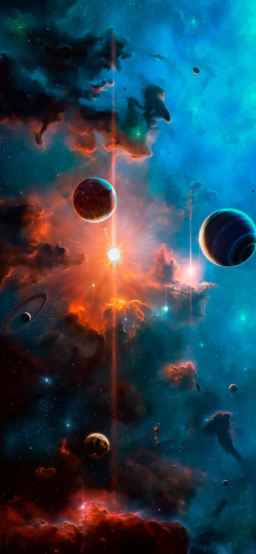 Vibrant Cosmic Nebula with Multiple Planets and Bright Starburst in Deep Space HD phone wallpaper