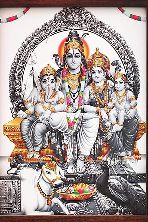 Lord Shiva Family Portrait with Ganesha and Parvati in Traditional Indian Art Style HD phone wallpaper