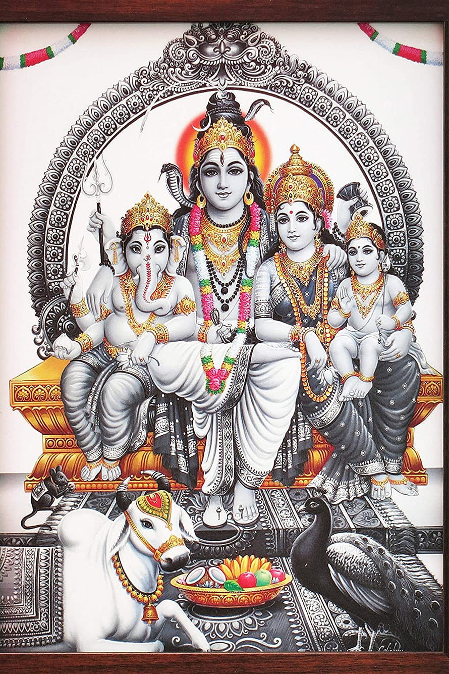 Lord Shiva Family Portrait with Ganesha and Parvati in Traditional Indian Art Style HD phone wallpaper