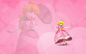 Princess Peach in Pink Dress with Parasol on Heart Pattern Background HD wallpaper