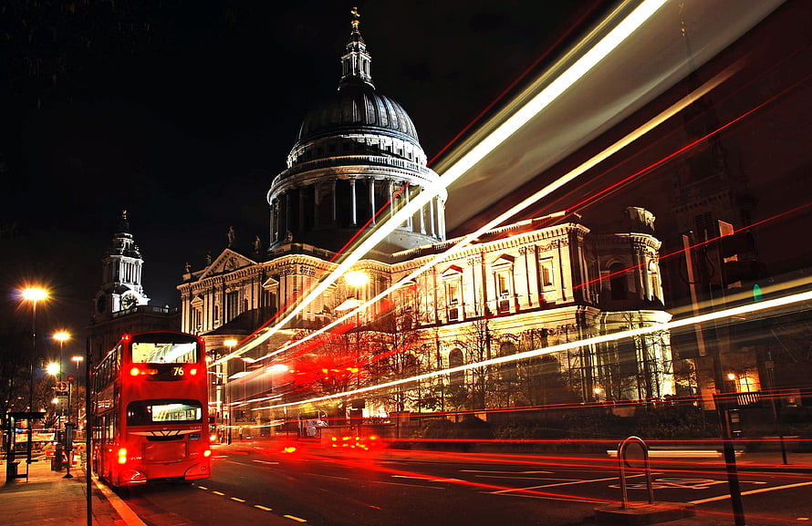 St Paul's Cathedral and a red double-decker bus in London at night with long-exposure light trails HD wallpaper