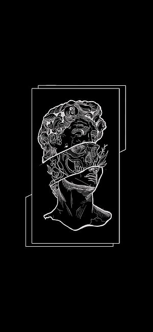David Bust Sculpture with Floral and Skull Motifs in Black and White Line Art HD phone wallpaper