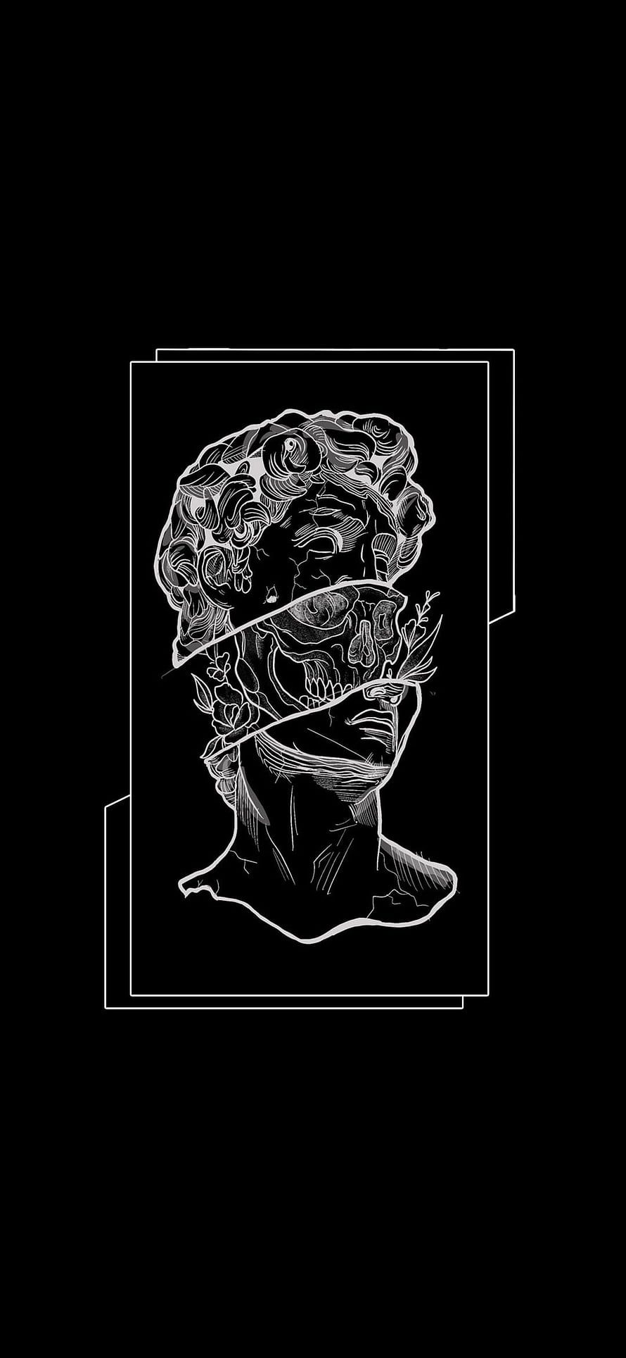 David Bust Sculpture with Floral and Skull Motifs in Black and White Line Art HD phone wallpaper