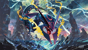 Shiny Mega Rayquaza unleashing electric energy in a stormy landscape HD wallpaper