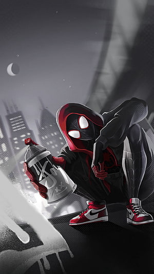 Miles Morales Spider-Man Crouching With Spray Can in Dark Urban Night Scene, Spiderman miles morale, milesmorales, spidermanmilesmorales, black, dark HD phone wallpaper