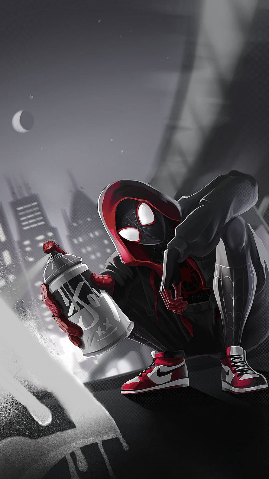Miles Morales Spider-Man Crouching With Spray Can in Dark Urban Night Scene HD phone wallpaper
