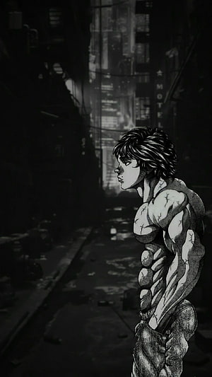 Baki Hanma in a gritty urban alleyway, black and white manga illustration HD phone wallpaper
