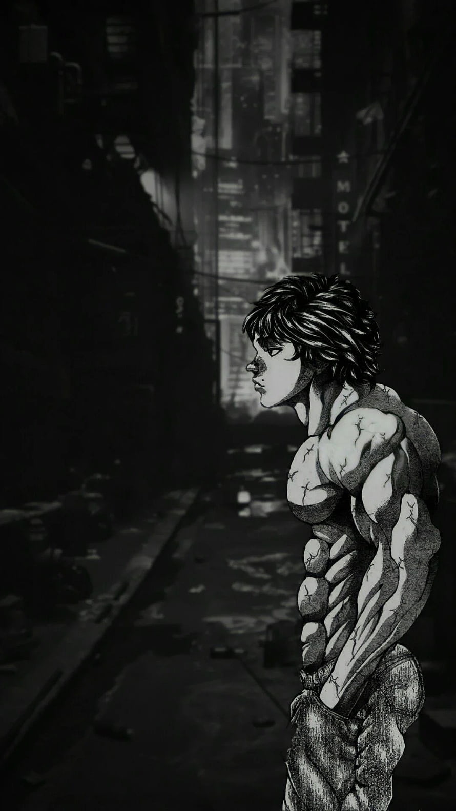Baki Hanma in a gritty urban alleyway, black and white manga illustration HD phone wallpaper