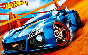 Hot Wheels Blue Concept Supercar Racing on Orange Track with Motion Blur HD wallpaper