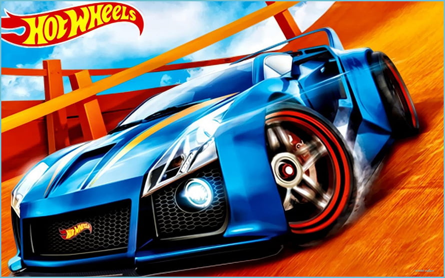 Hot Wheels Blue Concept Supercar Racing on Orange Track with Motion Blur HD wallpaper