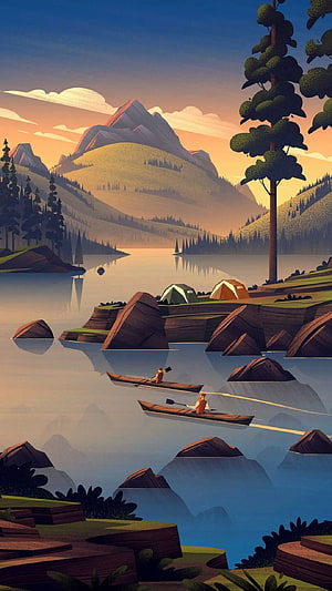 Stylized Mountain Lake Camping Scene with Canoeists and Tents at Sunset HD phone wallpaper