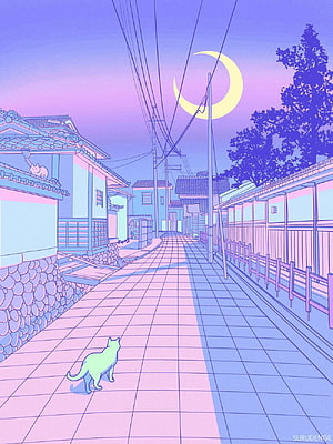 Pastel Japanese Alleyway with Cats and Crescent Moon Illustration HD phone wallpaper