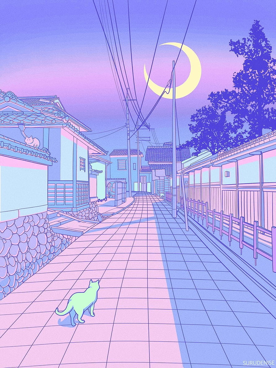 Pastel Japanese Alleyway with Cats and Crescent Moon Illustration HD phone wallpaper