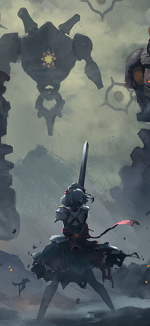 Genshin Impact Warrior Standing Before Colossal Mechanical Guardian in Misty Ruins HD phone wallpaper