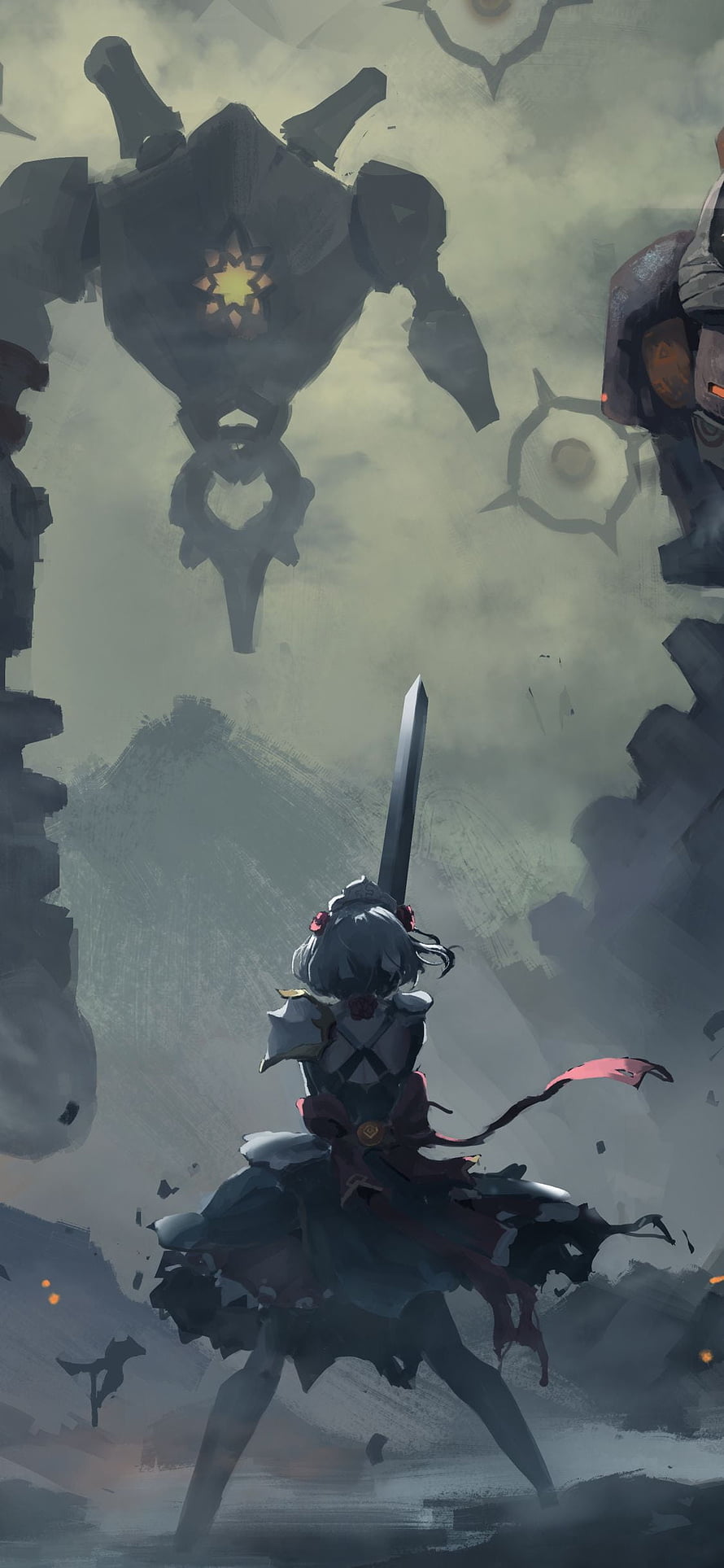 Genshin Impact Warrior Standing Before Colossal Mechanical Guardian in Misty Ruins HD phone wallpaper