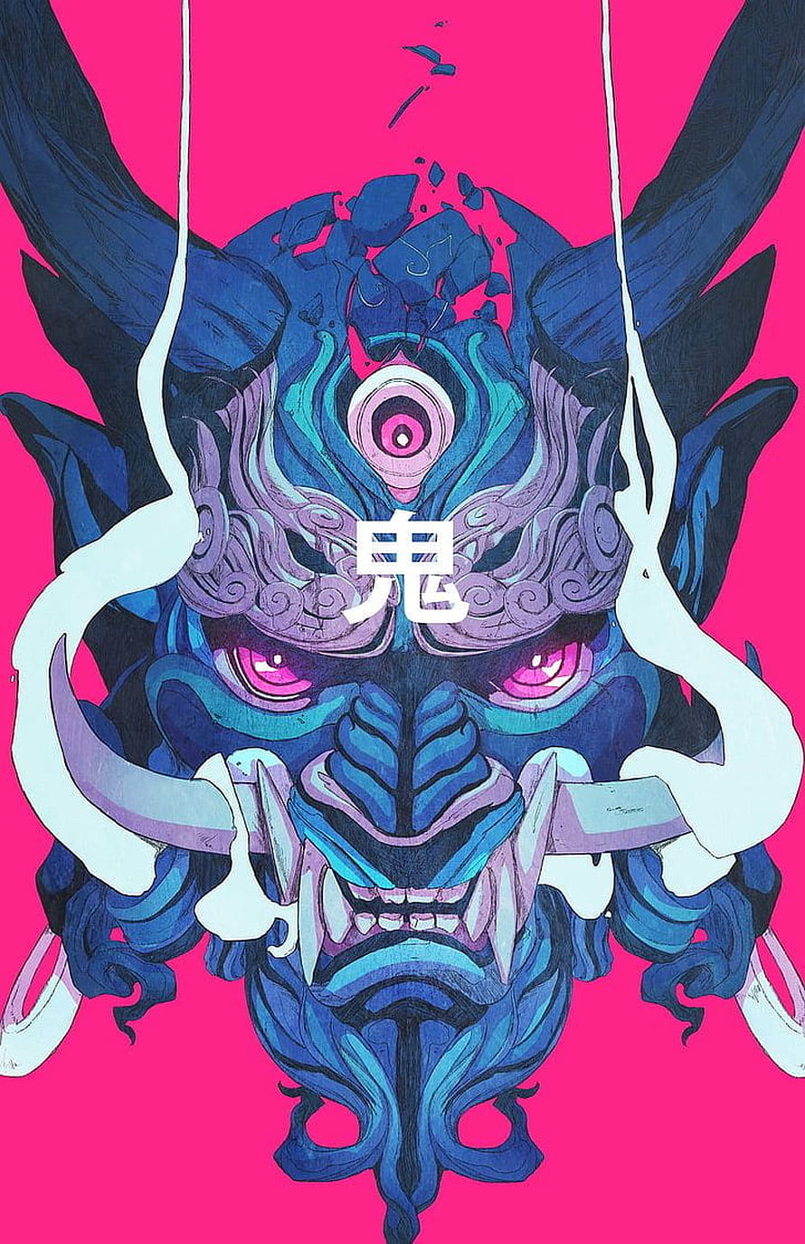 Vibrant Blue Japanese Oni Demon Mask Digital Art with Pink Background HD phone wallpaper
