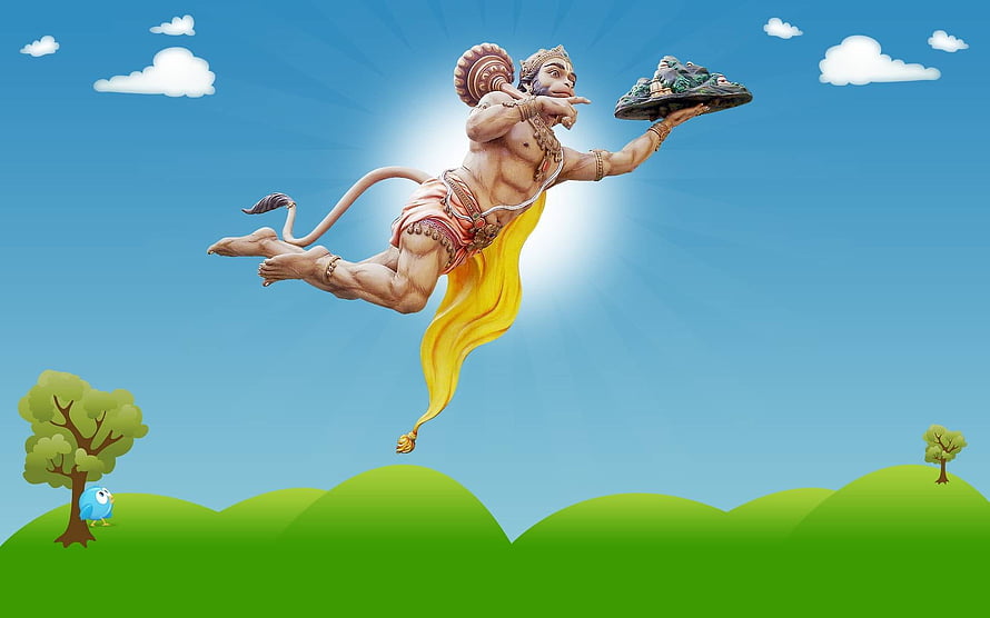 Lord Hanuman Flying Through the Sky Carrying Mount Dronagiri in 3D Illustration HD wallpaper