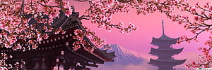 Cherry Blossoms Framing a Japanese Pagoda and Mount Fuji Under a Pink Sky HD wallpaper