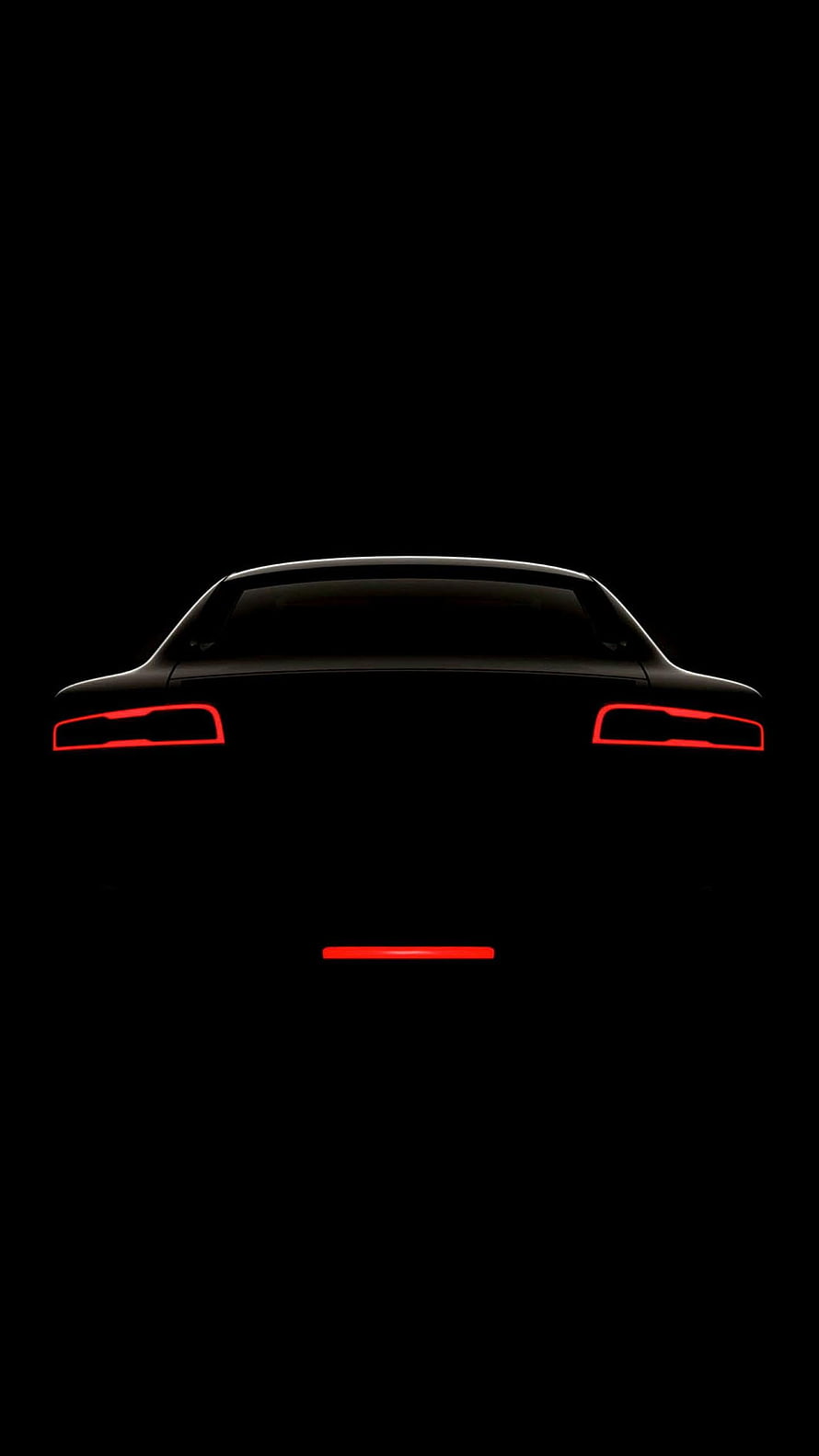 Minimalist Black Car Rear Silhouette with Glowing Red Taillights on Dark Background HD phone wallpaper