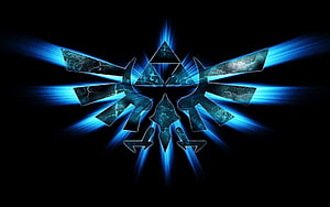 Glowing Blue Geometric Emblem with Radiant Light Rays on Black Background HD wallpaper