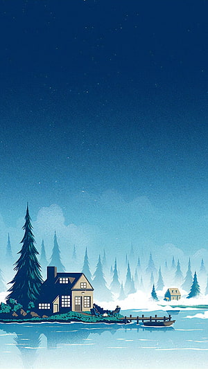 Cozy Cabin on a Frozen Lake Under a Starry Winter Night Sky HD phone wallpaper