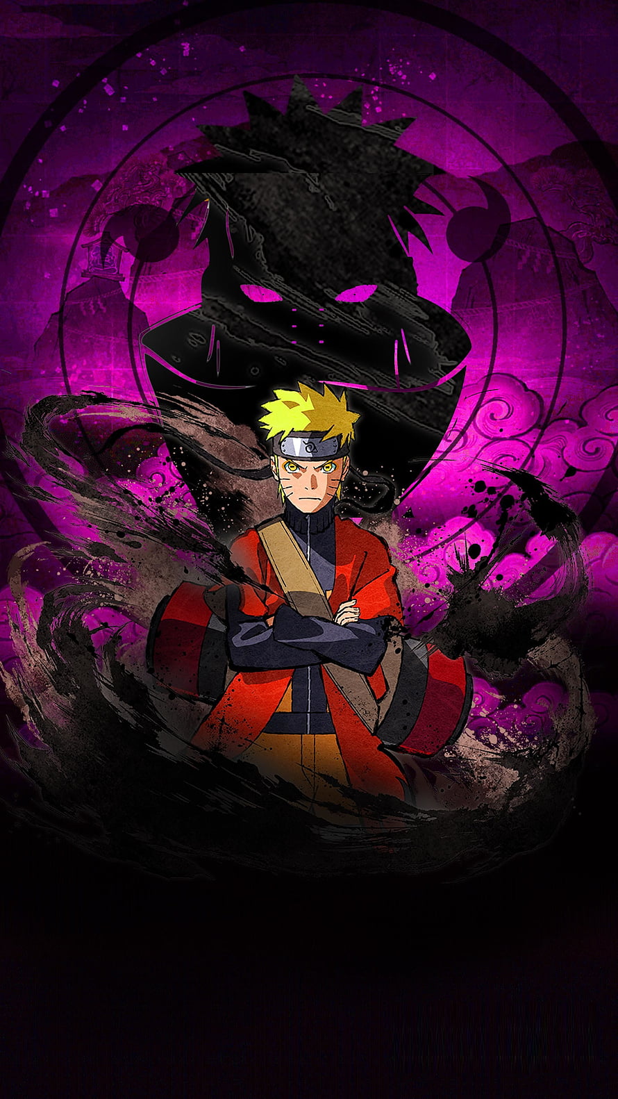 Naruto Uzumaki in Sage Mode with Shadow Self Against Purple Background HD phone wallpaper