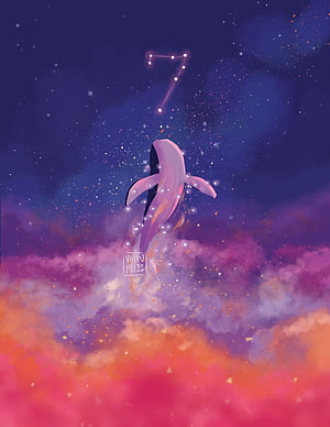 Dreamy Purple Whale Swimming Through Starry Nebula Clouds HD phone wallpaper
