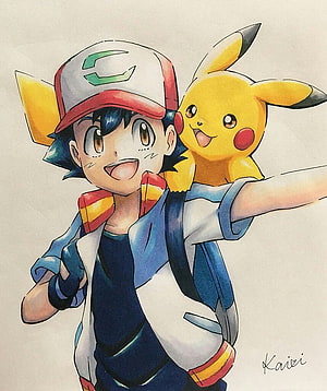 Ash Ketchum and Pikachu Anime Illustration with Red Cap and Backpack HD phone wallpaper