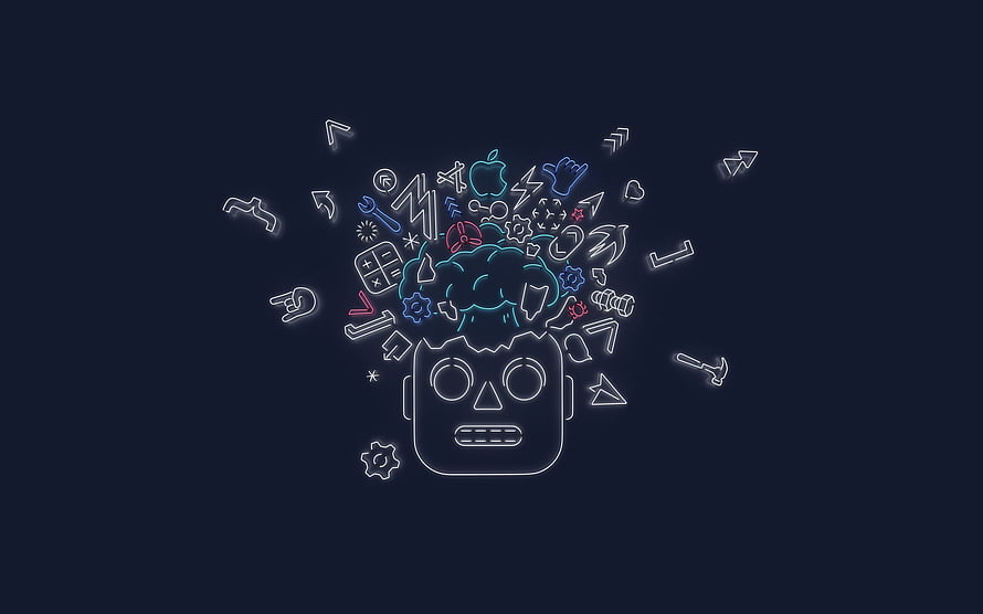 Neon Apple Developer Brain Concept with Floating Tech Icons on Dark Background HD wallpaper