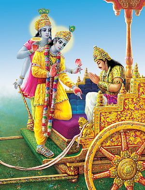 Krishna and Arjuna on the Divine Chariot in the Bhagavad Gita HD phone wallpaper