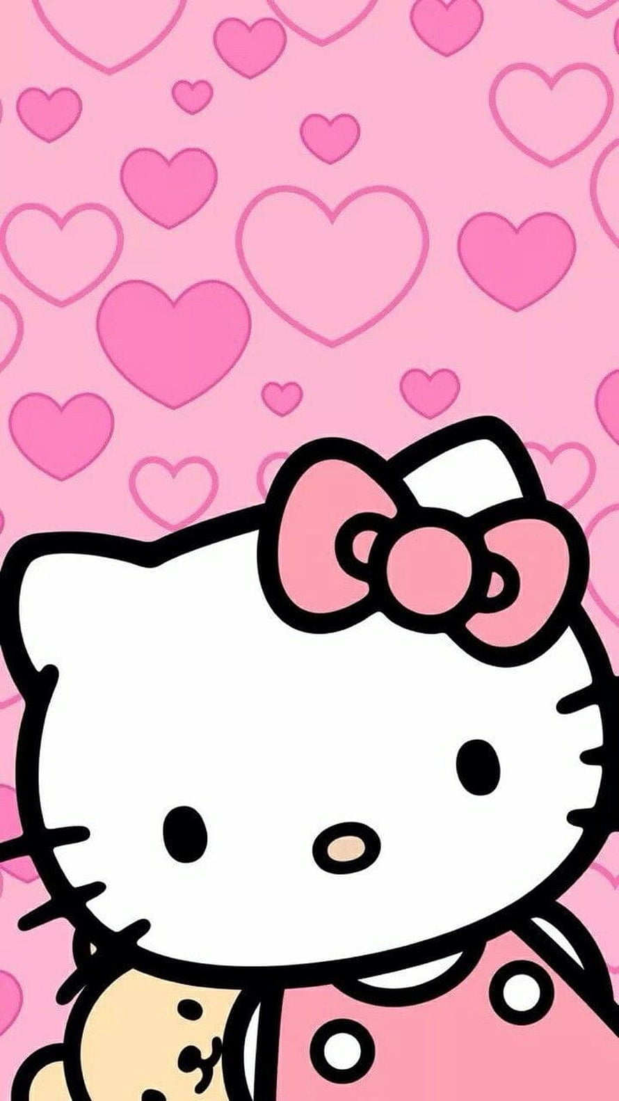 Hello Kitty with pink bow and cookie on a heart pattern background HD phone wallpaper