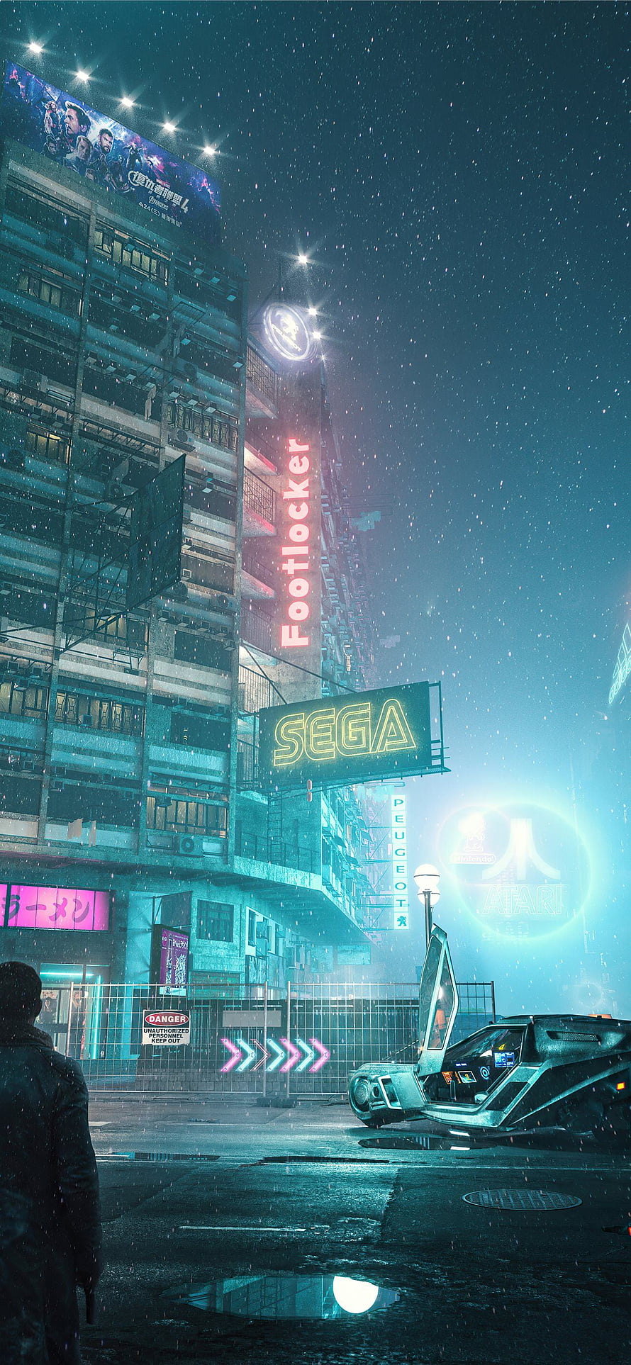 Blade Runner 2049 Neon Cityscape with Futuristic Vehicle and Rainy Street HD phone wallpaper